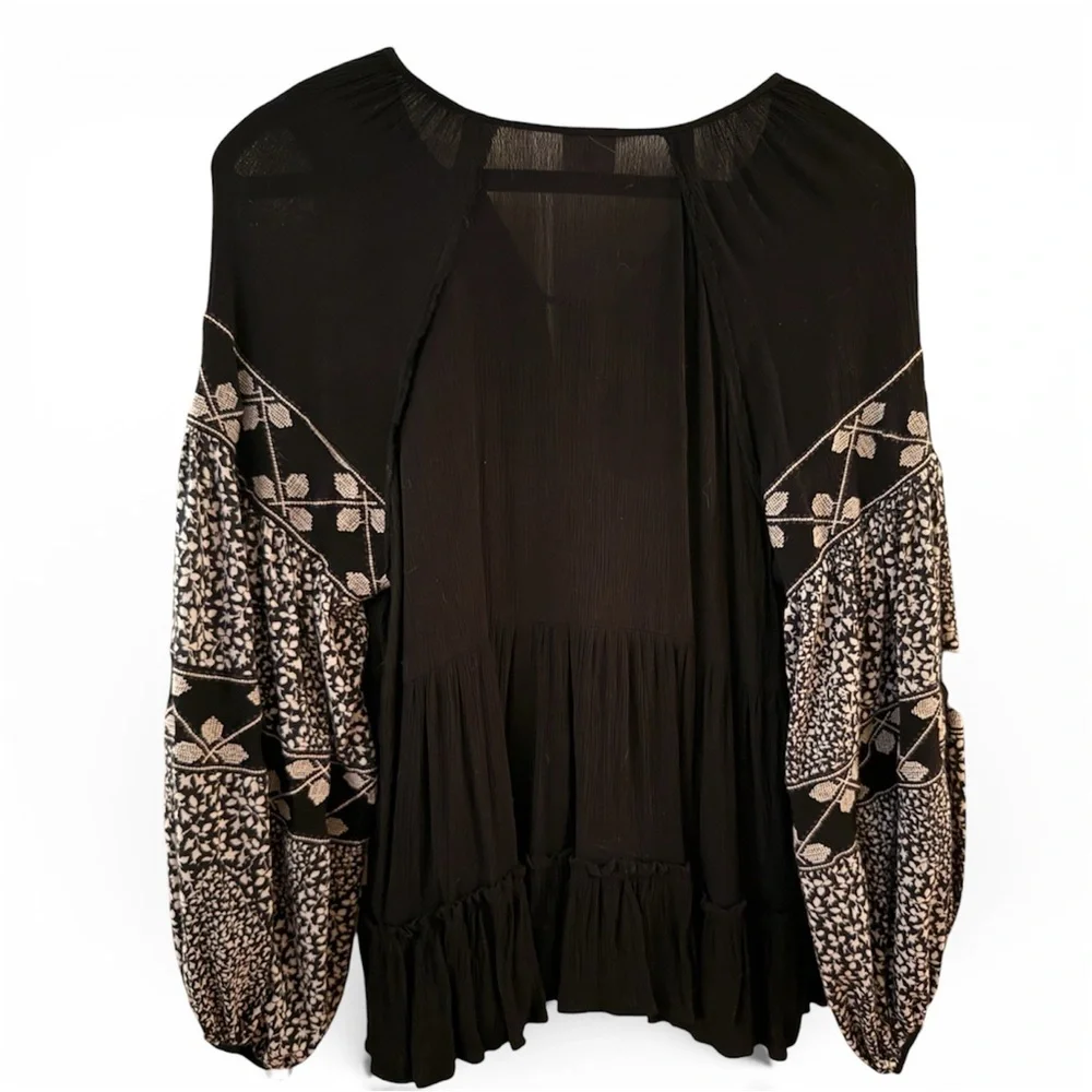By Together Black Boho Blouse with Patterned Sleeves - Picture 2 of 4